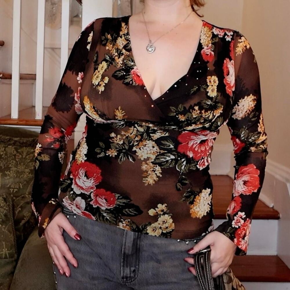 Karen Kane Mesh Black Brown Floral Wrap Long Sleeve S Whimsigoth Phoebe Buffay